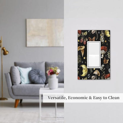 Nature Plant Botanical Daisy Mushroom Snails And Moon Single Rocker/Decora Light Switch Plate Decorative 1 Gang Outlet Cover Faceplate GFCI Electrical Receptacle Wallplate Dimmer for Home Decor