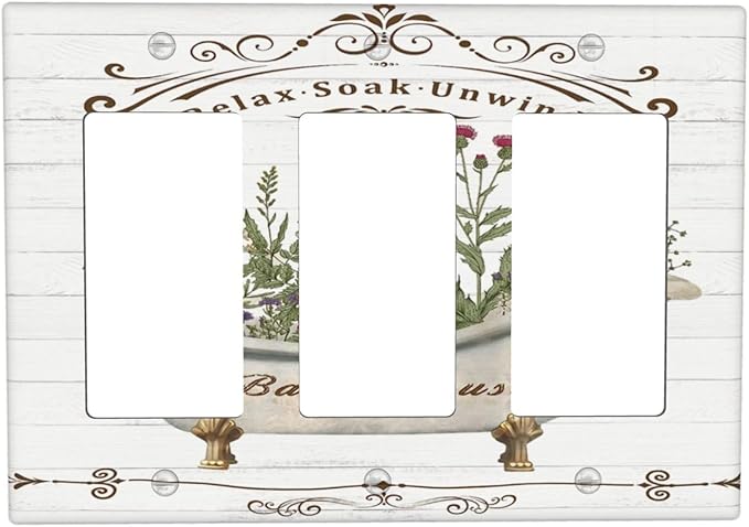 Rustic Farmhouse Wooden Board Botanical Flower Triple Rocker/Decora Wall Plate 3 Gang Light Switch Outlet Cover Plate Decorative Switchplate Electrical GFCI Faceplate for Kitchen Bathroom Decor