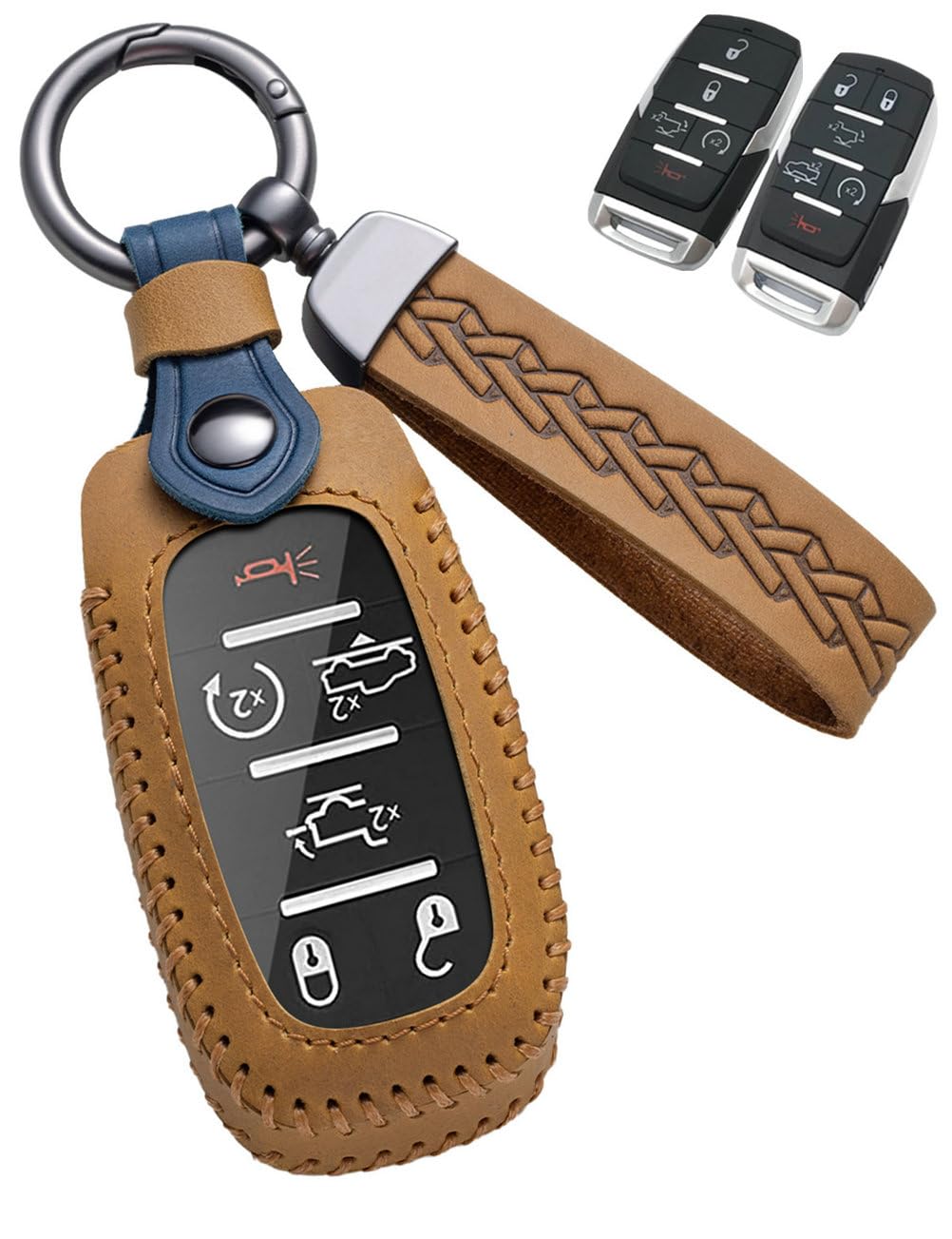 YINEOR for Dodge Ram Key Fob Cover Leather Car Key Case Protector keychain Smart Key Fob Holder Compatible for 2019-2026 Dodge Ram 1500 2500 3500 4500 5500 (Brown)