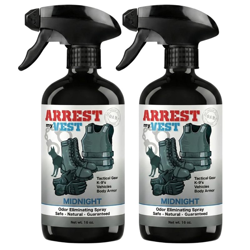 Arrest My Vest Military and Police Grade Odor Eliminating Spray for Body Armor Odor, Tactical Gear. Safe on K9's. Safe on All Ballistic Vests and Fabrics - Midnight Fragrance - 2 16 oz Bottles