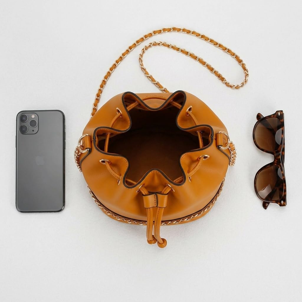 Rosvovo Leather Bucket Bag - Elegant Orange Drawstring Crossbody Purse for Women with Gold Chain Strap