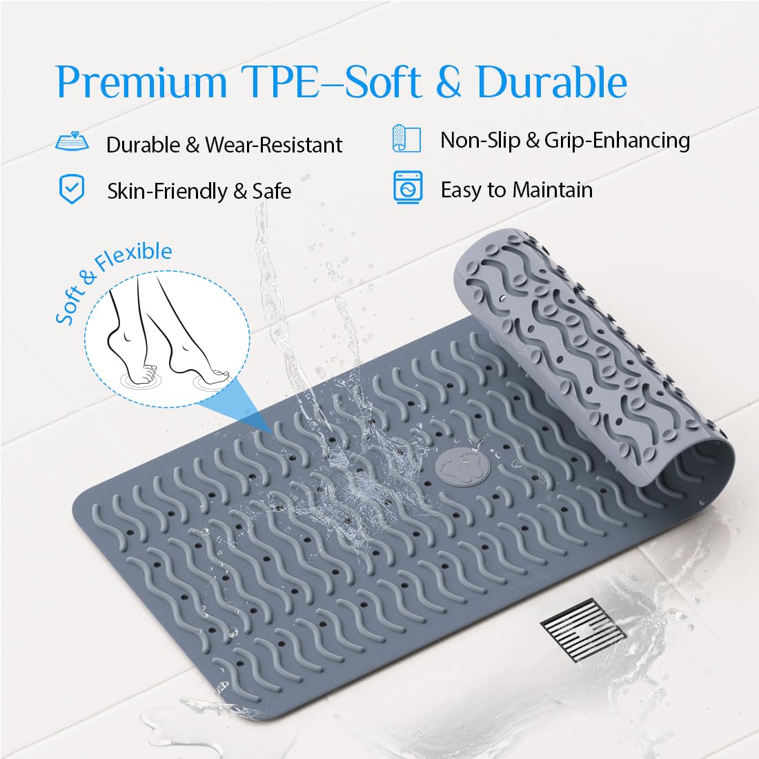 Non Slip Bathtub Mat & Shower Mat, 31x15'' Anti Slip Bath Mat for Tub, Soft TPE Anti-Skid Bathroom Mat with 194 Suction Cups & Drain Holes, Wave-Textured Grip, Machine Washable, Grey