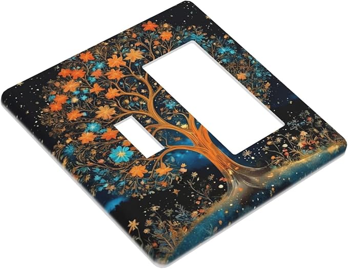 Magical Tree, Night Sky, Whimsical, Fantasy Art, Floral Tree, Blooming Flowers, Starry Background, Vibrant Colors, Blue And Orange Flowers