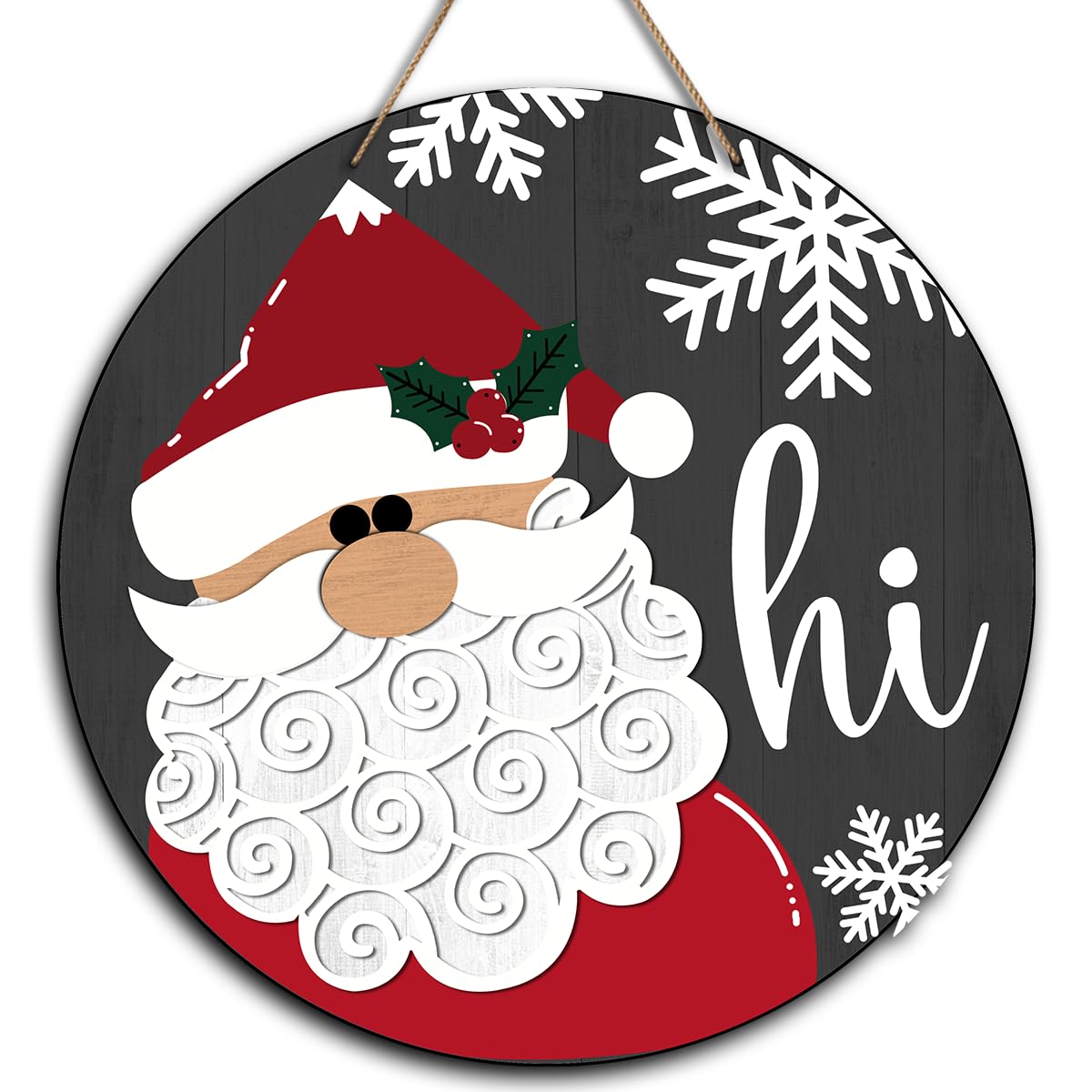 Snowflake Santa Merry Christmas Welcome Sign - Santa Christmas Door Hanger - Hello Winter Round Wooden Decor for Tree, Front Door, Porch, Wall, Party Decorations, 8X8 Inches -A20