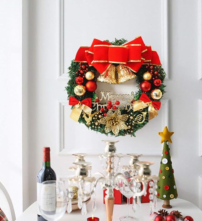 H&W Small Christmas Wreath (11.8 Inch / 30 cm) for Front Door Wall Windows Artificial Poinsettia Xmas Decoration with Tinkle Bell Bowknot and Small Ornaments (MC7-D1)