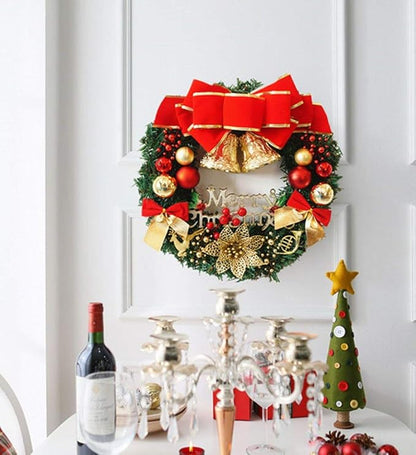 H&W Small Christmas Wreath (11.8 Inch / 30 cm) for Front Door Wall Windows Artificial Poinsettia Xmas Decoration with Tinkle Bell Bowknot and Small Ornaments (MC7-D1)