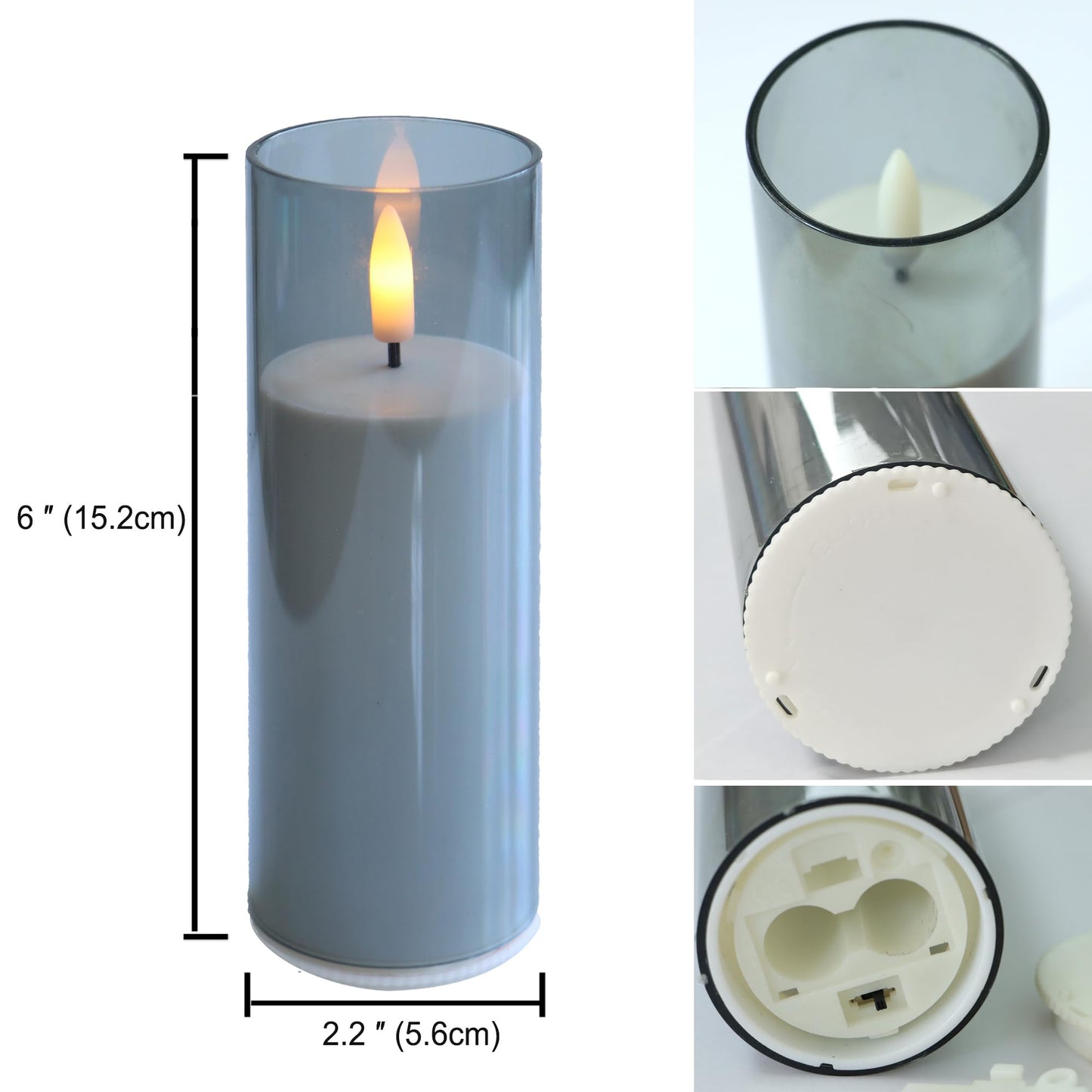 iZAN Flameless Candles with Remote and Timer Plexiglass Shell Battery Operated LED Pillar Candle Lights for Home Wedding Party Halloween Christmas Decorations, Pack of 6, 2”x 6”, Grey