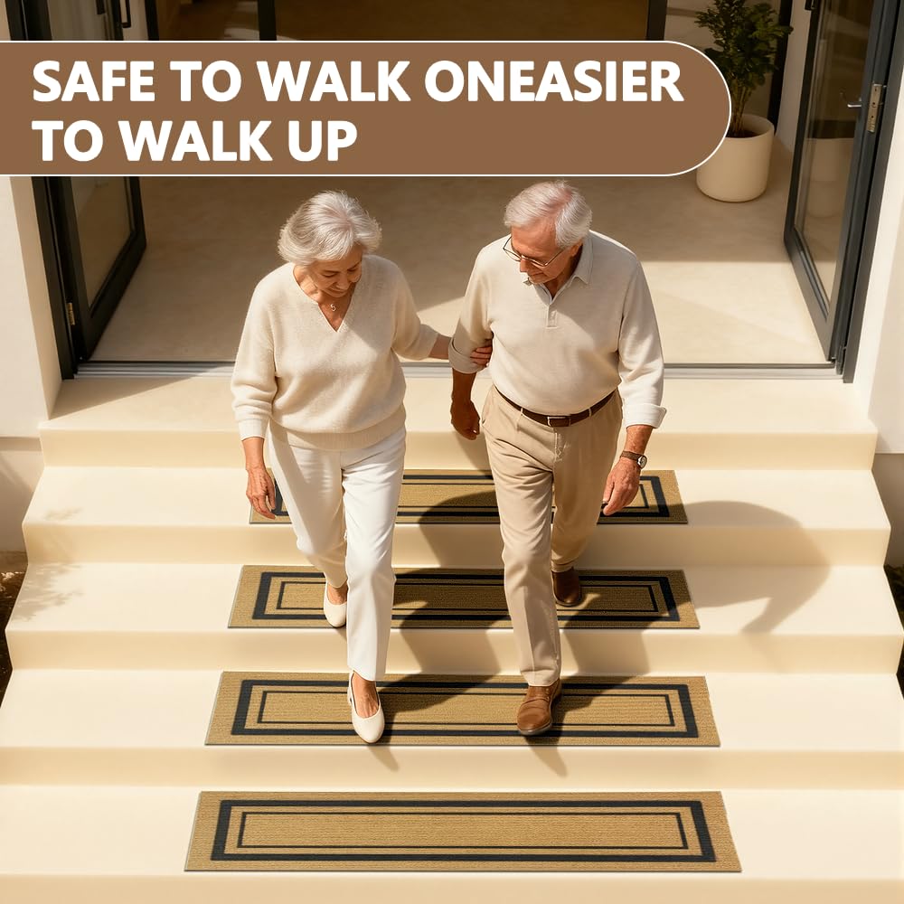 Outdoor Stair Treads for Wooden Steps, Non-Slip Rubber Brown Stair Runner Rugs, 2 Pcs 8.5" x 30" Heavy Duty Stair Mats for Outside Steps, Weatherproof Grip for Elders, Dogs & Kids, Black Border.