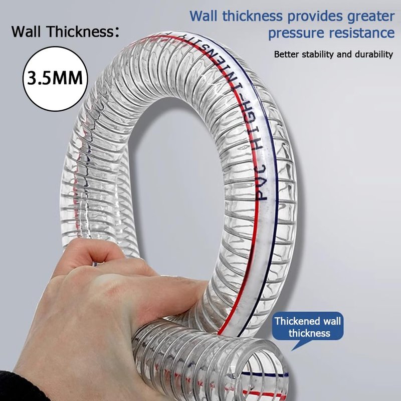JoyTube 1-1/2"ID x 1-3/4"OD Steel Wire Suction Vinyl PVC Flexible Tubing, High Pressure Heavy Duty UV Chemical Resistant Clear Thick Suction Tube Hose, 6.6 FT