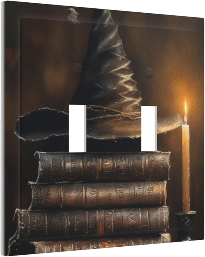 Decorative Art Light Switch Covers Wizard’s Hat & Spellbooks 2 Gang Double Toggle Wall Plate Decorative Switchcover Electrical Switchplate for Home Decor