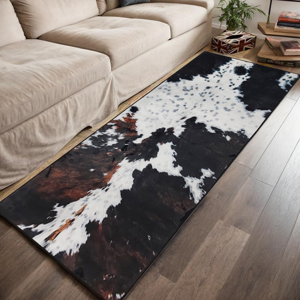 MUGINYU Western Cowhide Runner Rug 2x6 for Bathroom Home Decor,Brown Cow Print Rug,Farmhouse Cowboy Animal Fur Area Rug Non Slip Washable (Brown Cow)