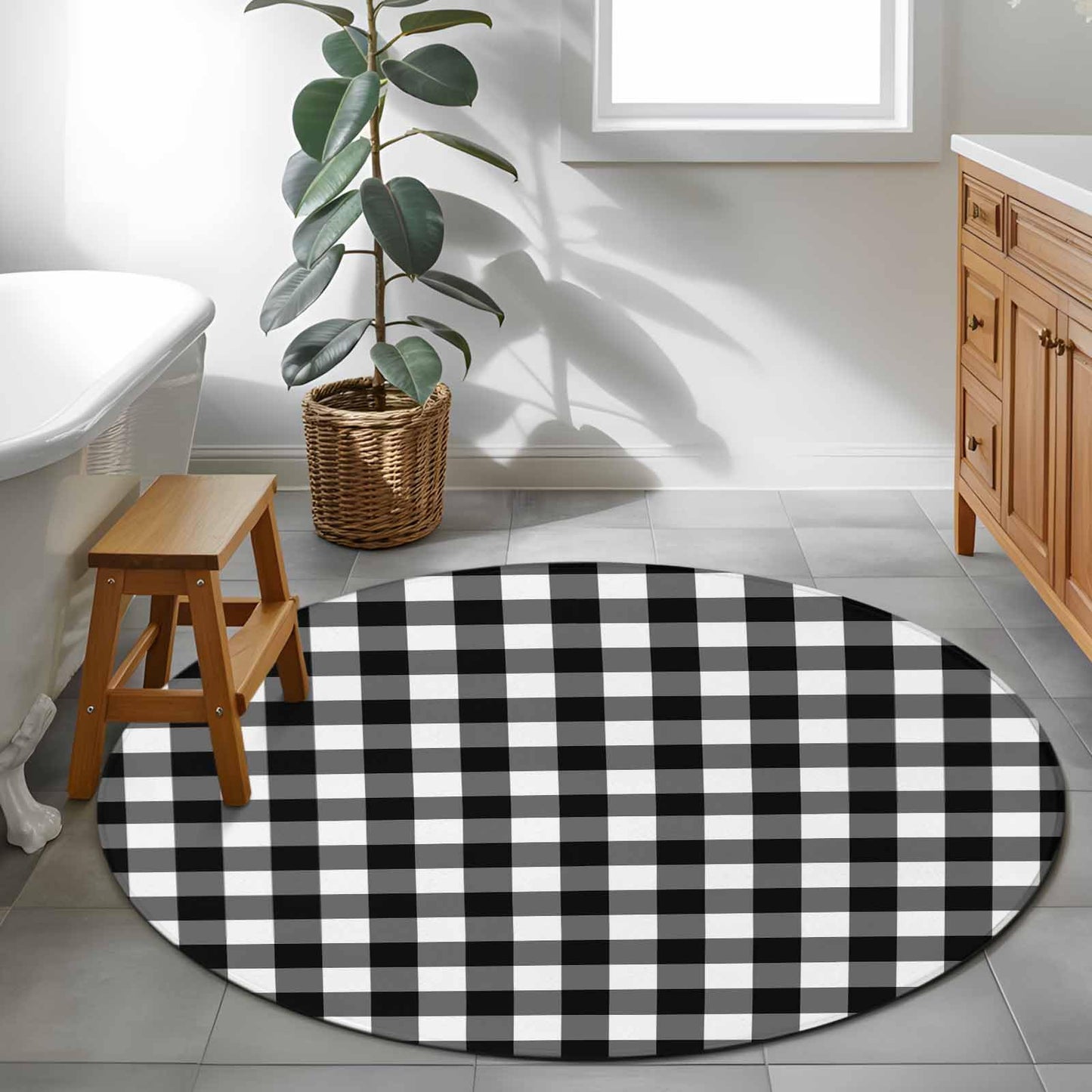 Black White Plaid Round Area Rug 4 FT, Non Slip Indoor Outdoor Rug, Modern Simple Buffalo Check Gingham Washable Soft Circular Carpet Non-Shedding Floor Mat for Coffee Table Nursery Foyer Balcony
