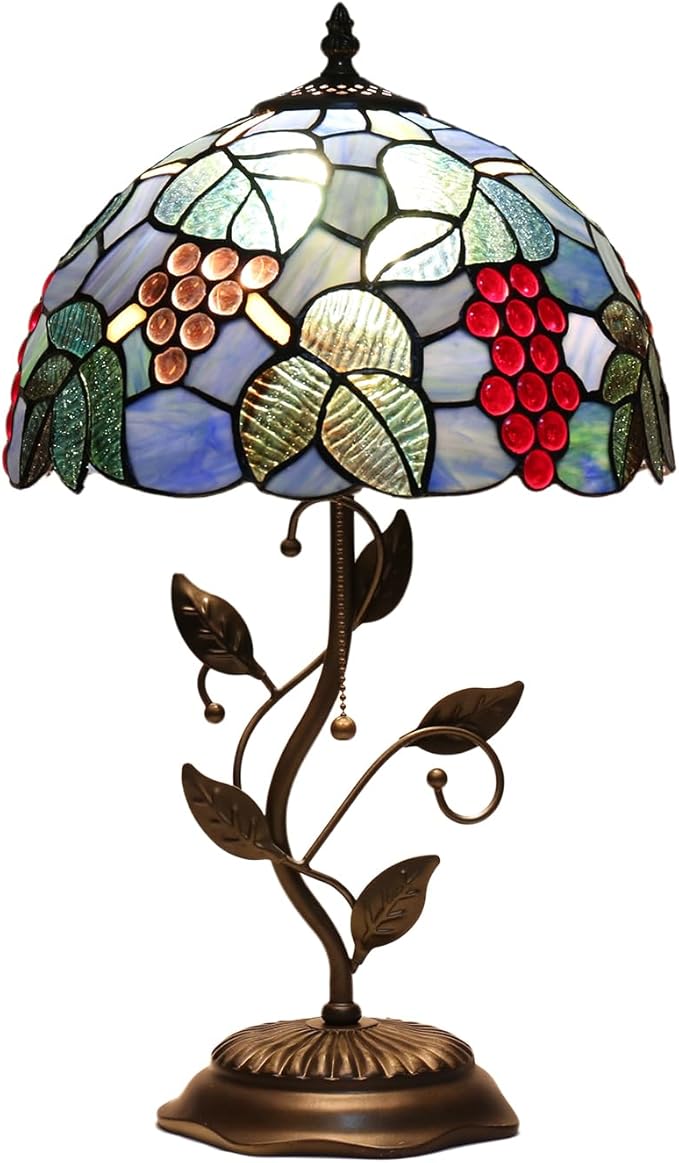 Tiffany Style Table Lamp Handmade Stained Glass Bedside Lamp 12x12x20 inch Metal Leaf Base,Art Glass Lamp for Living Room, Bedroom, Office Decor(Grape)