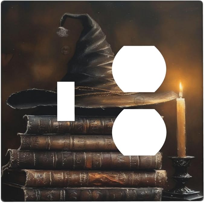 Decorative Art Light Switch Covers Wizard’s Hat & Spellbooks 2 Gang Single Toggle Duplex Combination Electrical Faceplate Switchplate Wall Plate for Home Decor