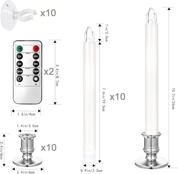 YAUNGEL Window Candles, 10 Pack LED Battery Operated Christmas Candles for Windows with Remote Electric Candle Lights with Removable Candle Holders Suction Cups for Christmas Decorations, Silver