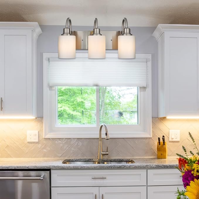 VINLUZ 3-Light Indoor Modern Bathroom Vanity Lighting Fixtures,Brushed Nickel Finish Metal Wall Light Over Mirror with Opal White Glass Shade for Hallway Makeup Table