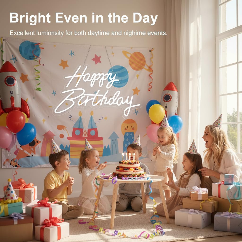 HMT Happy Birthday Neon Sign USB Powered 19.6×11.8 Inch Large LED Light Up Sign for Backdrop & Birthday Party Decor