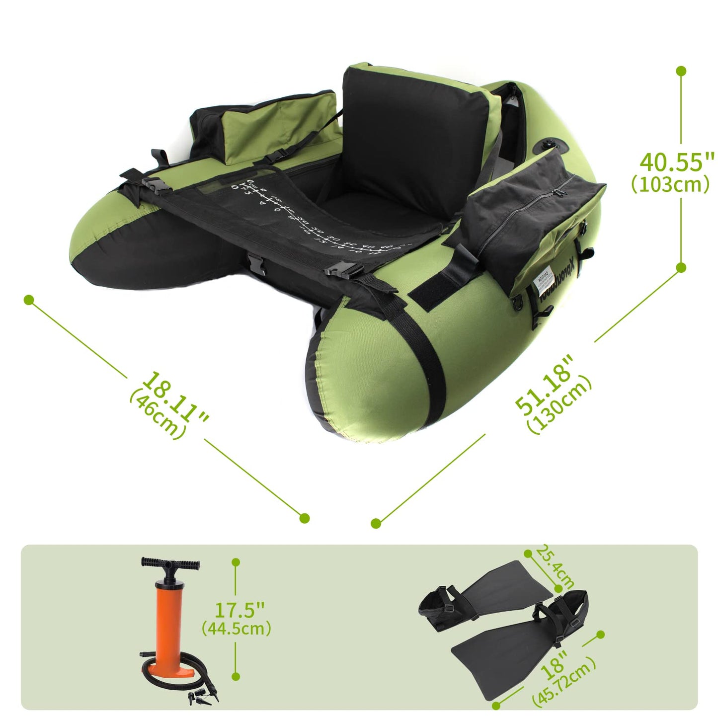 Xproutdoor Fishing Float Tube with Adjustable Backpack Straps, Storage Pockets, Fish Ruler, Fly Fishing Boat with Pump, Oar, Rod Holder and Mount, Fins, 350LBS Load Bearing Capacity, FT003,Green