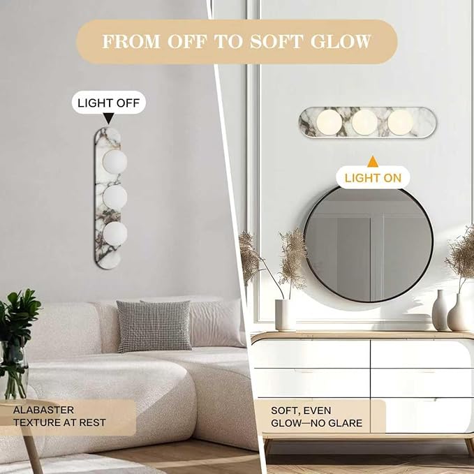 Natural Marble Wall Sconce with Alabaster Glass Globe, Modern Hardwired Wall Light Fixture for Bedroom, Bathroom, Dining Room, Hallway, Stairs (3-Light Sconce)
