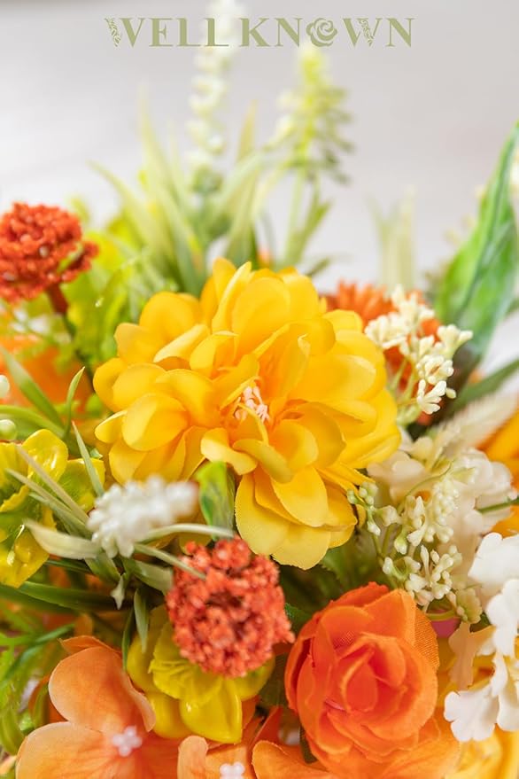 WELL KNOWN Small Fake Flowers in Plastic Vase 7" Centerpieces Coffee Table Decor, Silk Flower Arrangements for Home Decor Indoor Artificial Flower Bouquet for Dining Room Kitchen Wedding Yellow Orange