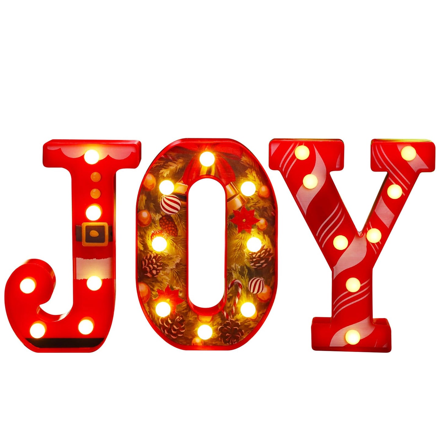 Honoson 3 Pcs LED Marquee Light Up Letters Joy Christmas Alphabet Letter Signs JOY LED Letter Lights For Mantle Home Bar Bedroom Tabletop Fireplace Wall Xmas Wedding Party Decor