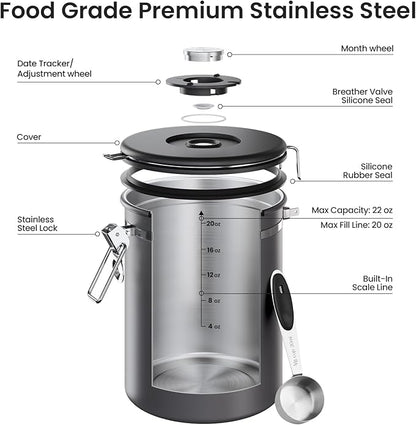 Veken Coffee Canister, Airtight Stainless Steel Kitchen Food Storage Container with Date Tracker and Scoop for Grounds Coffee, Beans, Tea, Flour, Cereal, Sugar, 22OZ, Gray