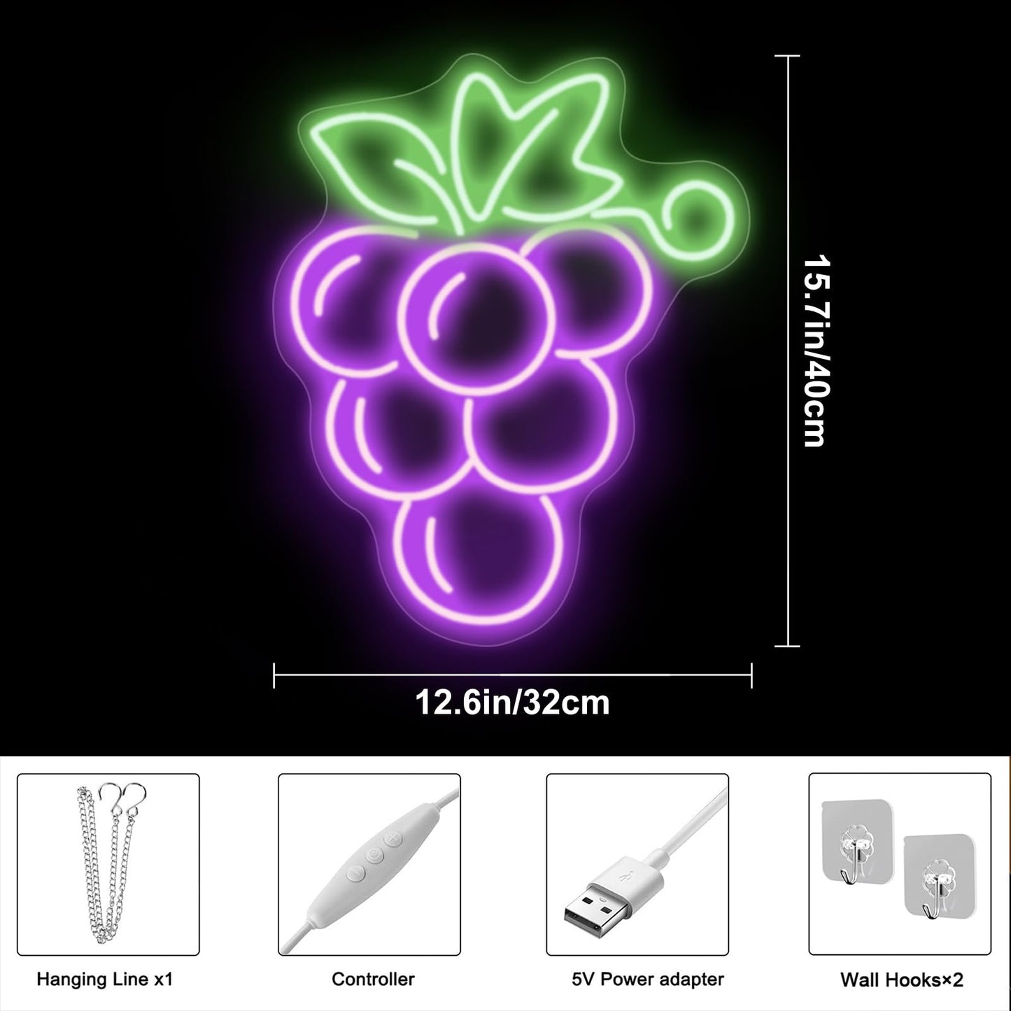 Grapes Neon Sign Fruit Neon Lights Handmade Lamp for Wall Room Party Home Bar Art Christmas Bedroom Table Wedding Party Desktop kitchen art Decoration Teen Kids Birthday Holiday Gift