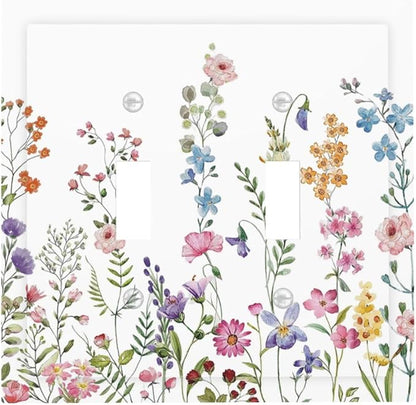 Rustic Wild Floral Vintage Watercolor Flower Double Toggle Light Switch Cover Decorative 2 Gang Wall Plate Electrical Switchplate Faceplate for Bathroom Kitchen Decorate Accessories
