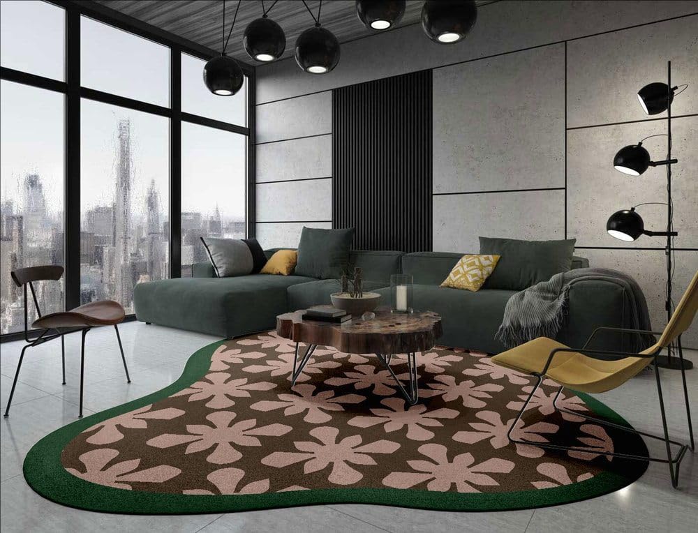 Irregular Shaped Area Rug Unique Aesthetic Green Brown Floral Pattern Rug for Bedroom Livingroom Hallway Entryway Minimalist Mid Century Carpet 3ft Washable No Slip Diningroom Kitchen Floor Rug