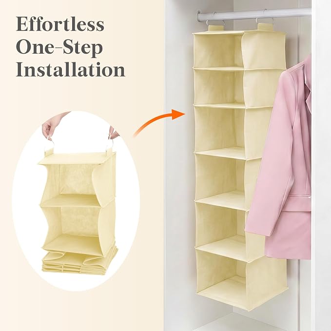 Lifewit 6 Tier Hanging Closet Organizer and Storage for Shelves, 1 Pack Foldable Clothes Shelf with 2 Sturdy Hooks, Sweater/Coat/Shoes Clothing Organization for Wardrobe, Dorm, Bedroom, Beige