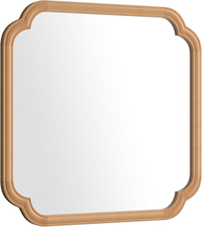 Ferytane Square Natural Wood Mirror 24X24 Inch,Wood Mirror for Bathroom Over Sink Rounded Corner Wooden Framed Mirror for Vanity, Entryway, Living Room Farmhouse, Tempered Glass (Natural Beech Wood)