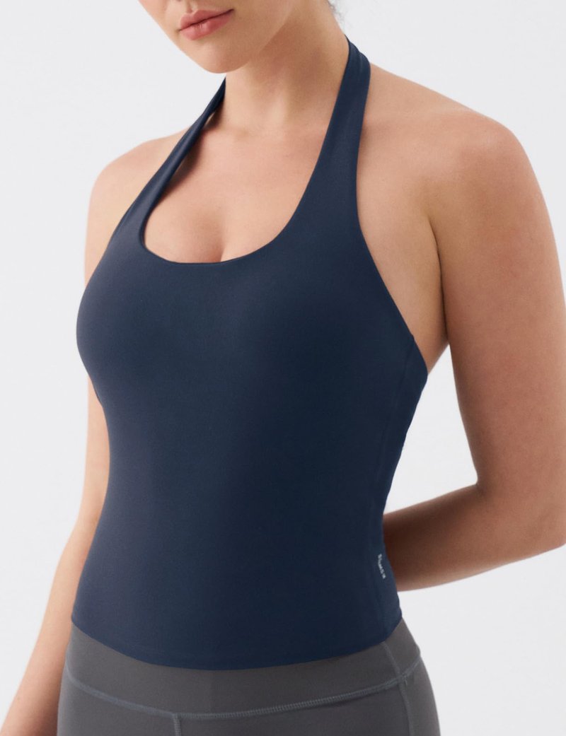 K-Swiss Halter Crop Tops for Women - Open Back Padded Longline Sports Bras Workout Gym Yoga Top, Blue M