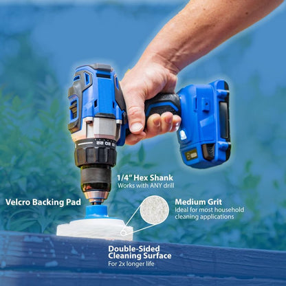 RotoScrub 7 Pack Multi-Purpose Drill Brush Kit for Cleaning Bathrooms, Showers, Tubs, Tile, Floors, Sinks, Toilets, Grout and Grime Removal, Reversible Blue and White Scrub Pads