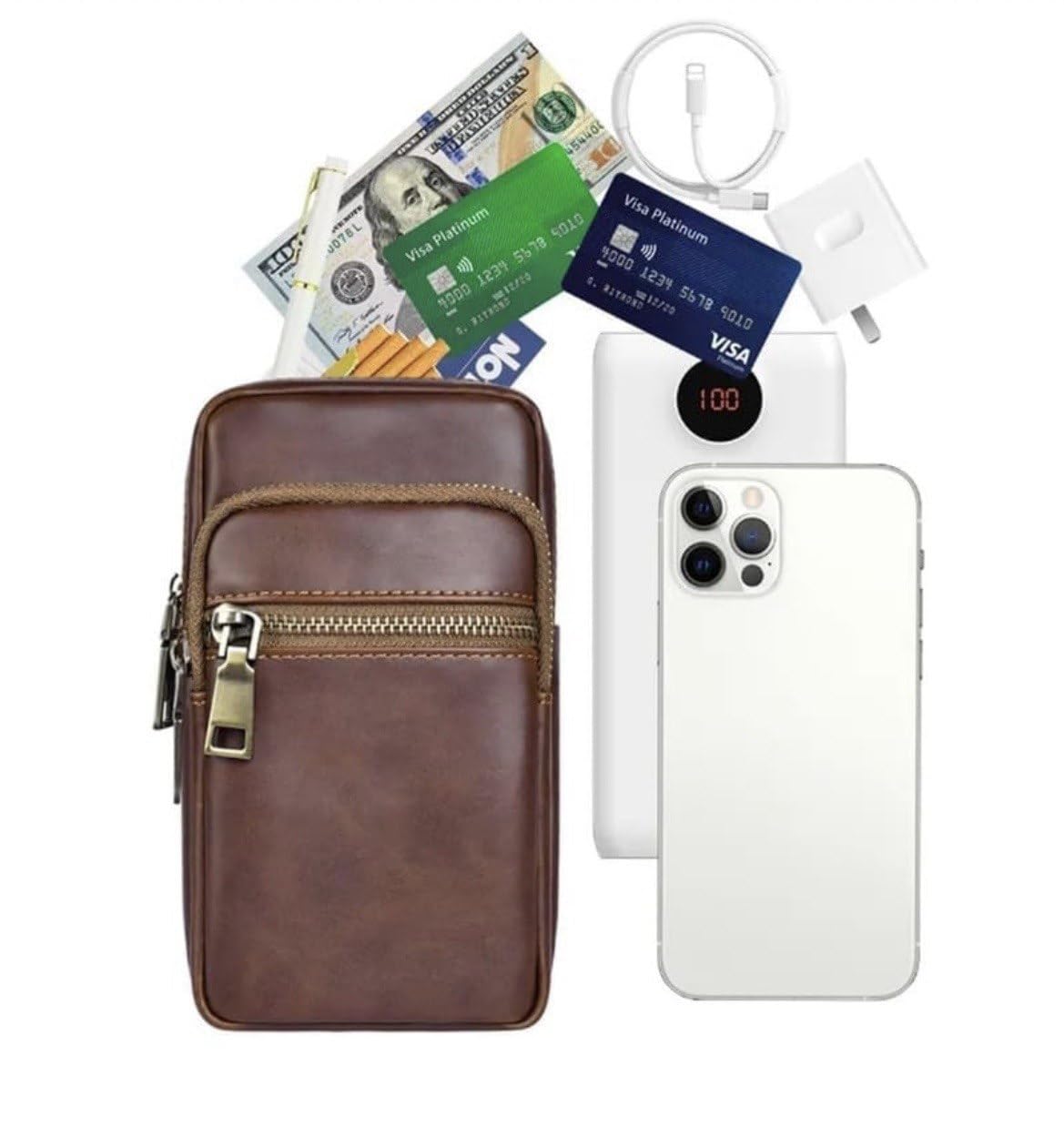Leather Phone Holster with Belt Loop and Carabiner, Waist Phone Pouch for Smartphones up to 7.2 Inches, Compact Mobile Phone Bag with Zipper Pockets, Tan Brown