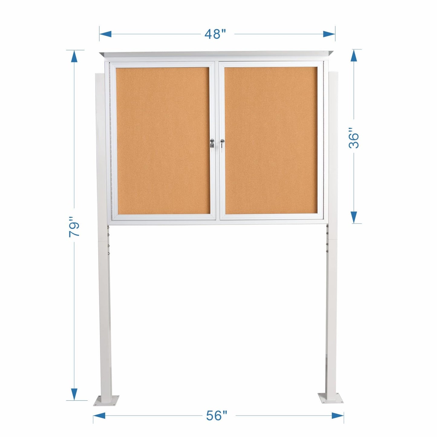Standing Enclosed Bulletin Board 36”x48” Weather-Resistant Outdoor Noticeboard with Locking Doors，Community Sign with Metal Pole & Silver Aluminum Frame & Cork Presentation Board