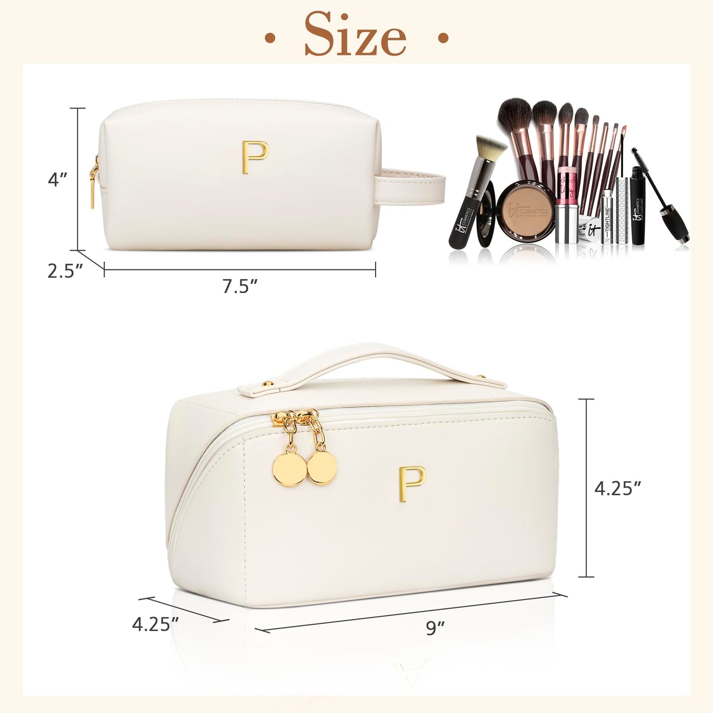 KKXIU Initial Makeup Bag for Women - Personalized Makeup Bag Gifts for Women, Travel Toiletry Bag with PU Leather, Open Flat Design with Top Handle, Cosmetic Bag Set with Multi-Pocket (Beige,P)