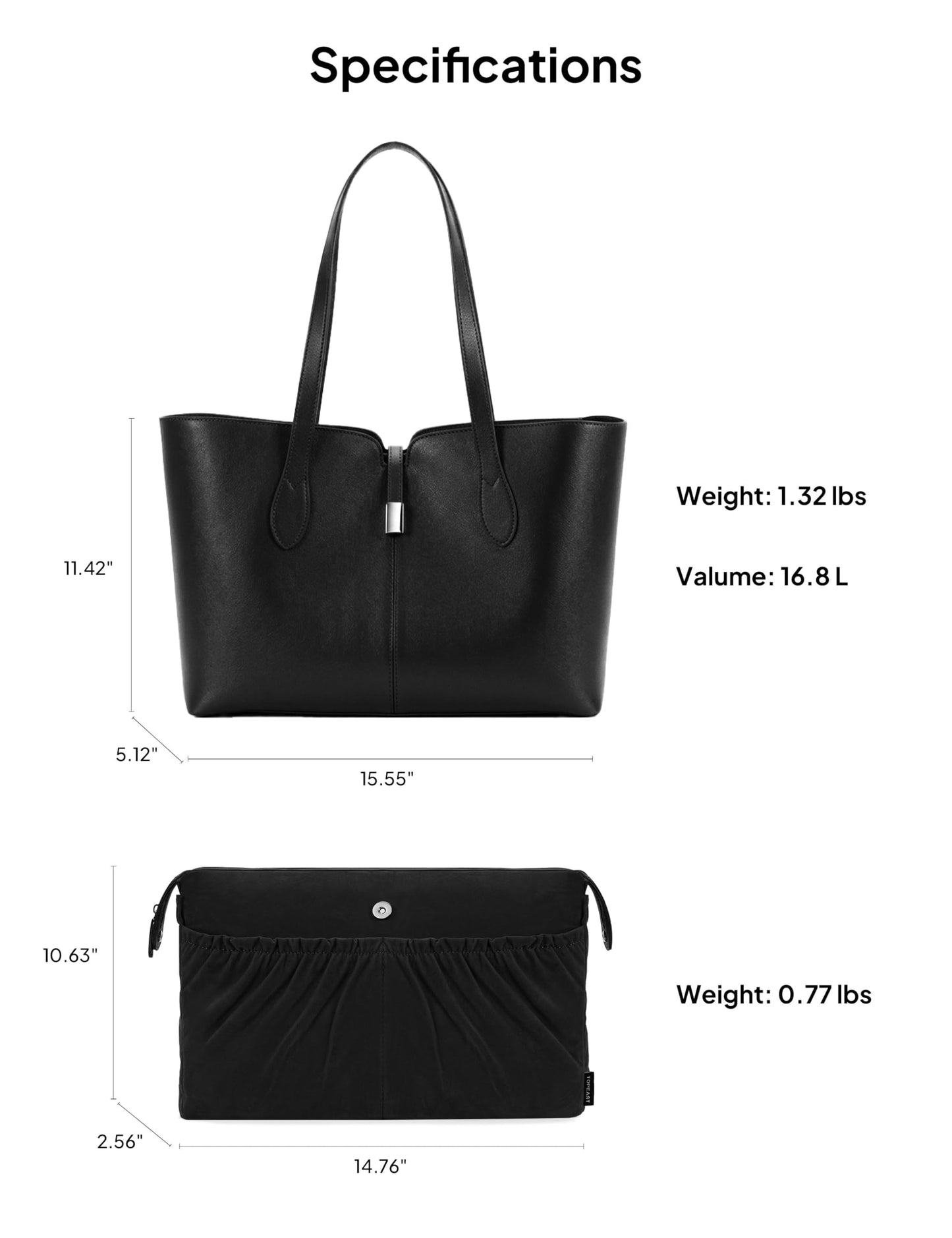 TOPEAST Laptop Tote Bag for Women, 15.6-Inch Work Bags with Removable Laptop Sleeve, Soft Leather Teacher Tote Bag with Compartments, Lightweight Computer Bag for Office, School, Briefcase, Black