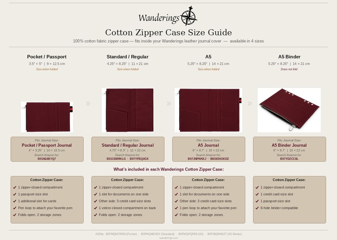 WANDERINGS Zipper Case Card Sleeve Holder Travelers Journal Accessory for Refillable Travel Journals - A5 Size - 5.25" x 8.25" - Durable 100% Cotton Fabric Planner Accessories Case