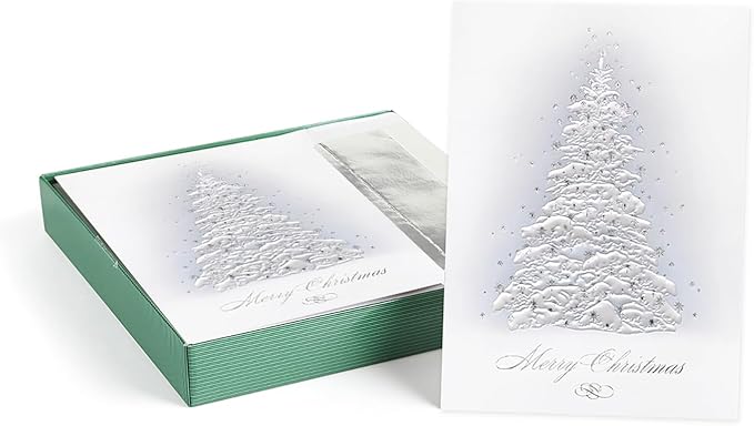 Masterpiece Embossed Frosted Tree Christmas Cards / 15 Boxed Winter Evergreen With Pearl And Silver Accents Holiday Cards With Coordinating Envelopes / 5 5/8" x 7 7/8" Folded Tree Greeting Card Set