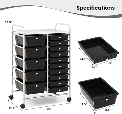 Giantex 15 Drawer Rolling Storage Cart Tools Scrapbook Paper Office School Organizer, Black
