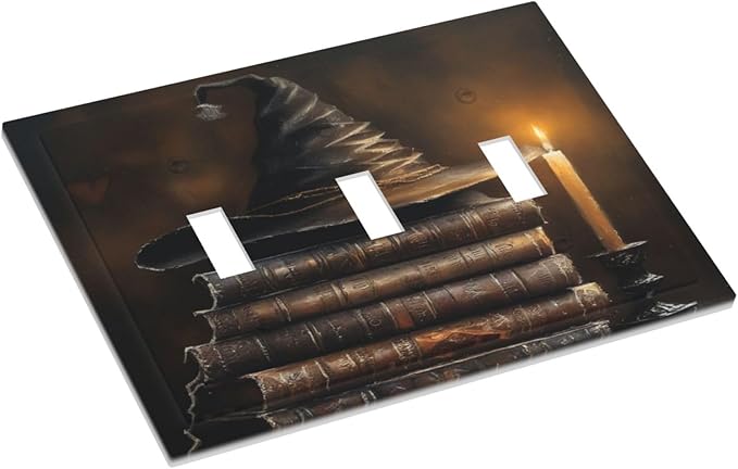 Decorative Art Light Switch Covers Wizard’s Hat & Spellbooks 3 Gang Triple Toggle Wall Plate Decorative Switch plate Electrical Faceplate for Home Decor