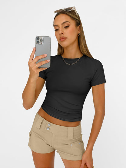 AUTOMET Womens Short Sleeve T Shirts Basic Summer 2025 Workout Tops Crew Neck Gym Crop Tops Trendy Y2K Clothes Black M