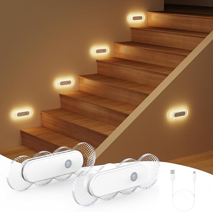 Motion Activated Night Light Rechargeable, Magnetic Stick On Lights Battery Operated, No Drill LED Sensor Night Light for Bathroom Bedroom Hallway (2 Pack)