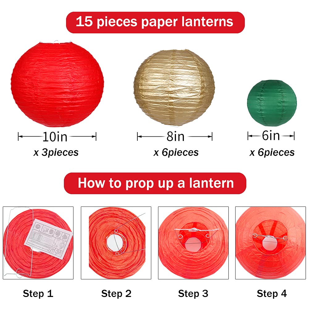 zilue Paper Lanterns Decorative, Round Hanging Paper Lanterns Decorations for Christmas Graduation Anniversary Birthday Party Supplies Green/Red/Gold 15pcs