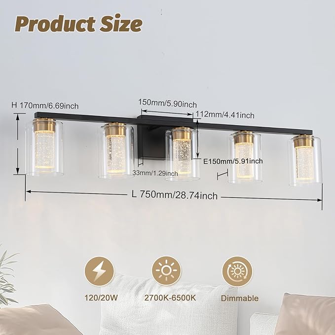 5-Light Black Bathroom Light Fixture, Dimmable 5CCT Black and Gold Bathroom Vanity Lights, 2700K-6500K Modern Crystal Bubble LED Wall Sconce Over Mirror with Clear Glass
