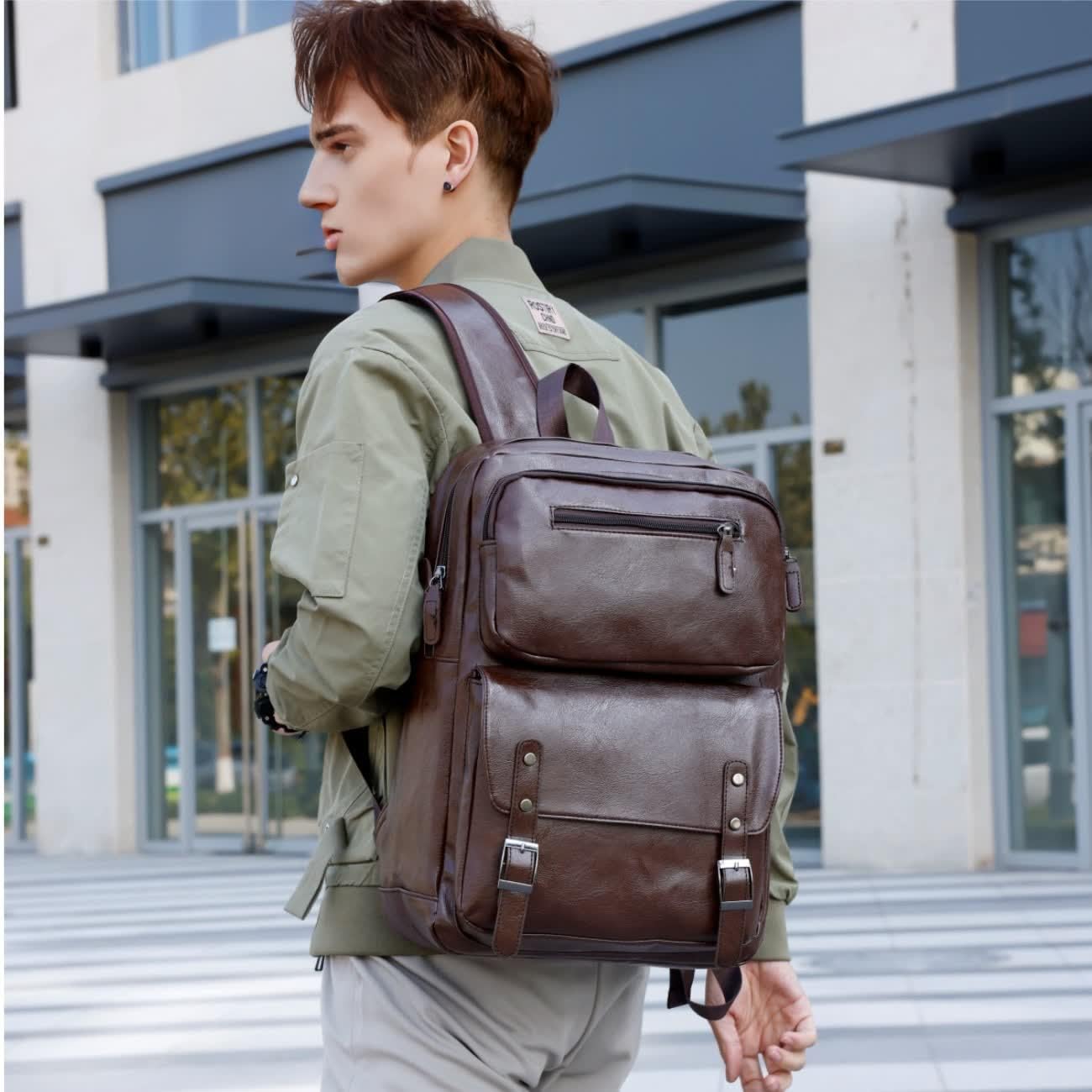 ORILOOSEN PU Casual Backpack，Men Women casual Leather laptop backpack，Daily commuter leather backpack，work bag (Brown)