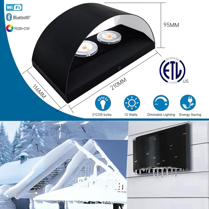 Smart Outdoor Wall Sconce, Tunable White 2700k-6500k Porch Lights, RGB Exterior Lighting Fixture with APP&Voice Control, 12W WiFi LED Outside Lights for House