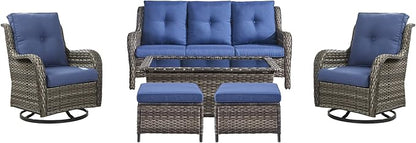 Rilyson Wicker Patio Furniture Set - 6 PC Rattan Outdoor Sectional Conversation Sets with 2 Swivel Rocking Chairs,2 Ottomans,1 Sofa and 1 Coffee Table for Porch Deck(Mixed Grey/Blue)