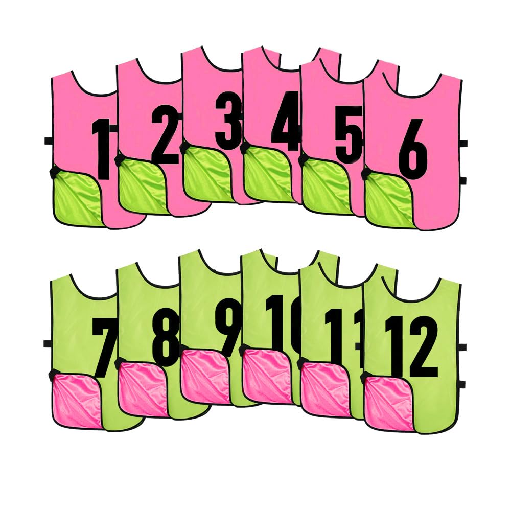 Saaifuu 12 Pack Reversible Numbered Pinnies, Double Sided Scrimmage Vest,Team Practice Jerseys for Kids and Adult(Pink/Neon Green, S)