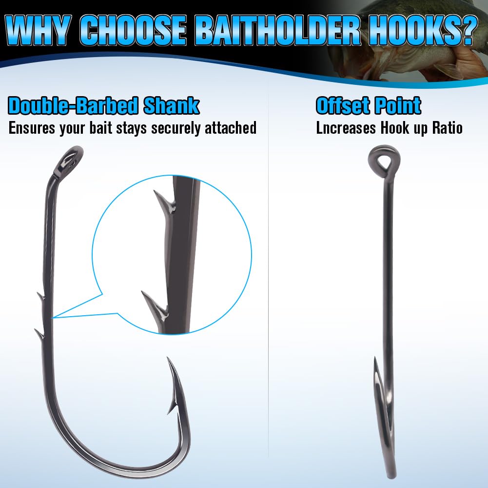Baitholder Fishing Hooks 100 Pack - Double-Barbed Long Shank for Bluegill Bass Trout Walleye Black/Red, 8/0-#8 (2-Black, Size:1 100-Pack)